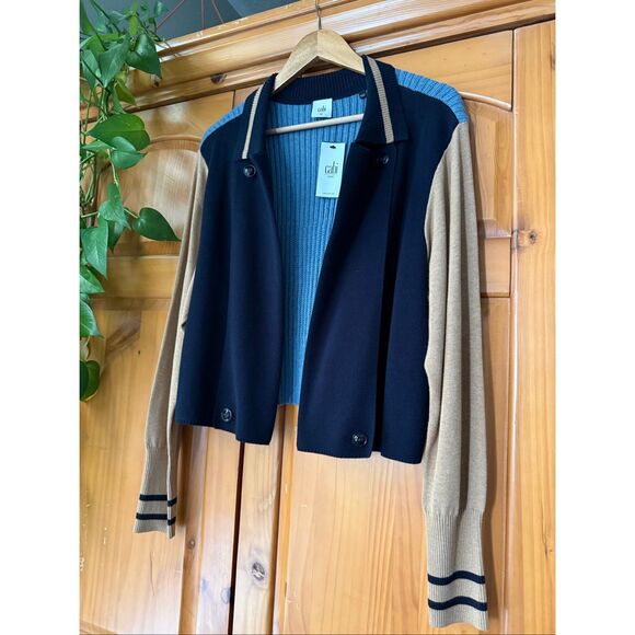 CAbi Varsity Colorblock Cardigan Sweater Jacket – Navy/Tan/Blue – XL – NWT - Picture 3 of 12